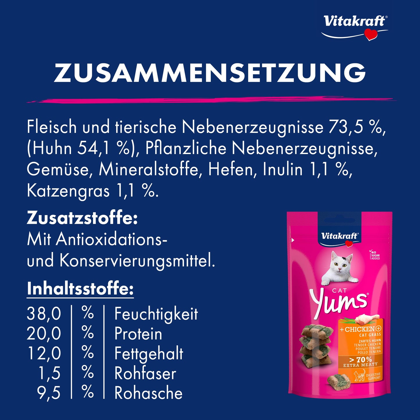 Vitakraft Cat Yums, Katzensnack, mit Huhn und Katzengras, mit sichtbarer Füllung, im wiederverschließbaren Beutel, ohne Zusatz von Zucker und Getreide (1x 40g)