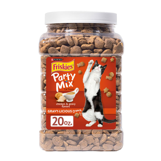 Purina Friskies Cat Treats, Party Mix Gravy-licious Crunch Chicken and Gravy Flavors - 20 oz. Canister