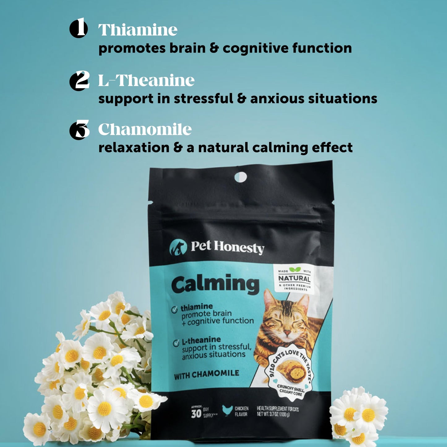 Pet Honesty Calming Chews for Cats - Cat Anxiety Relief + Helps Reduce Stress - Behavioral Support & Promotes Relaxation for Travel, Boarding, Vet Visits, Separation Anxiety - Chicken (30-Day Supply)