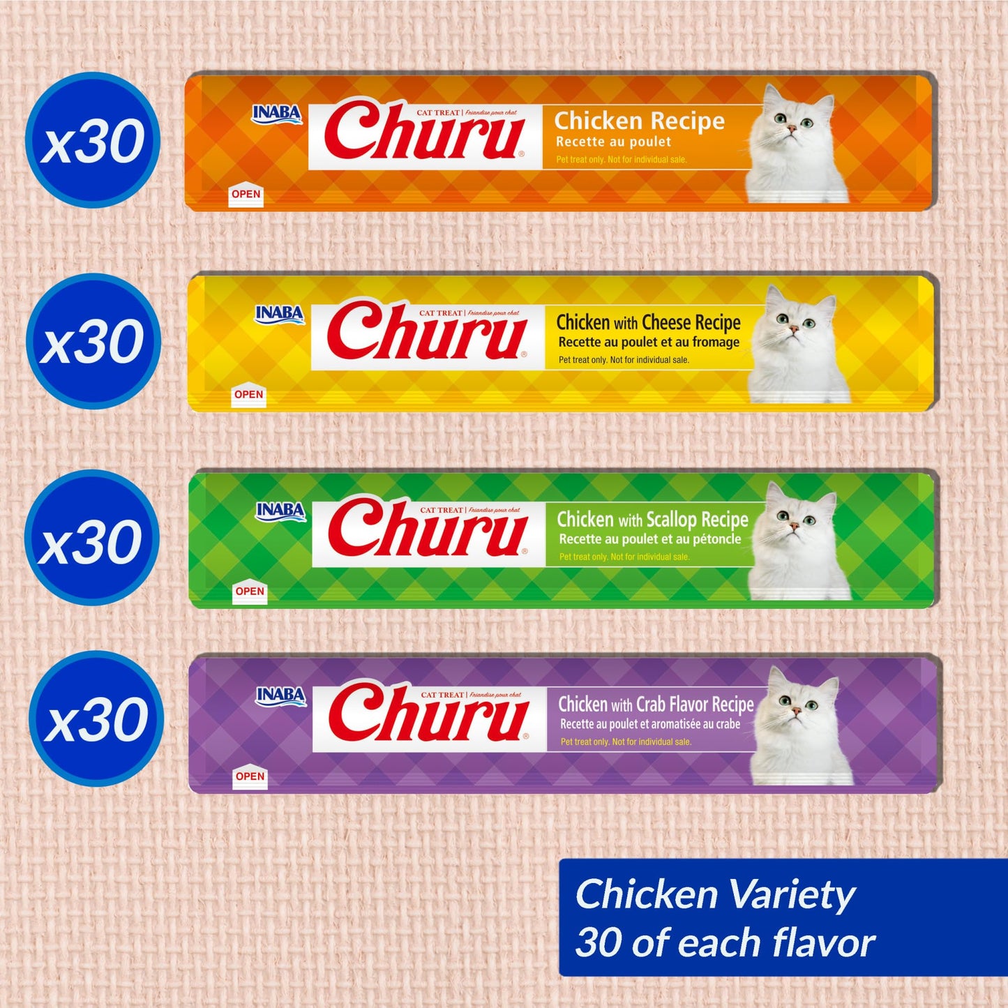 INABA Churu Cat Treats, Lickable, Squeezable Creamy Purée with Vitamin E, 0.5 Ounces per Tube, 120 Tubes Total, Chicken Variety