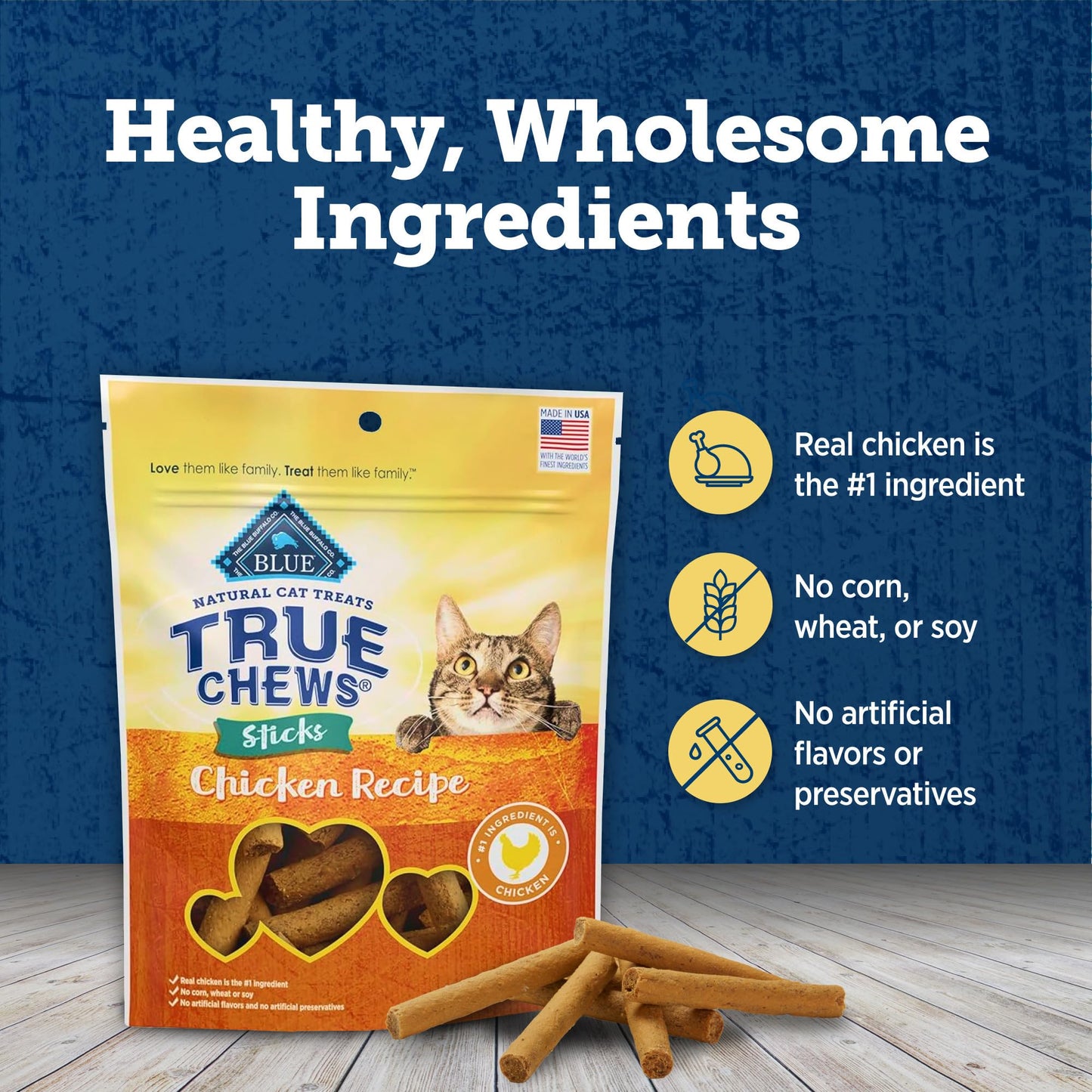 Blue Buffalo True Chews Sticks Natural Cat Treats, Chicken Recipe, Meaty & Savory Treats Made in The USA, 3-oz. Bag