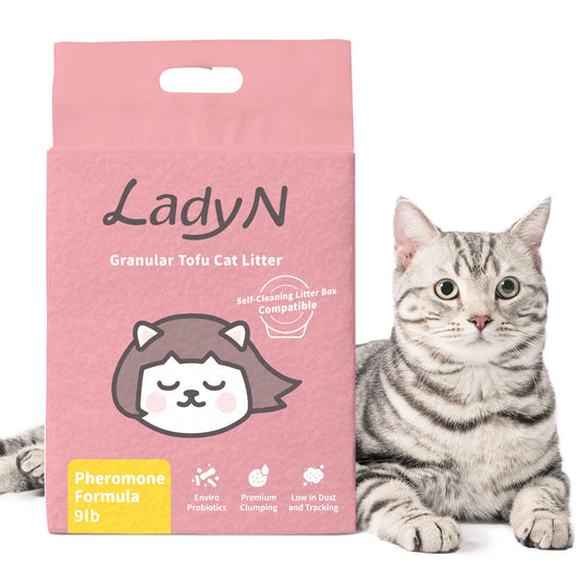 Lady N Granular Tofu Cat Litter Mini-Pellet Compatible with Self-Cleaning Litter Box, Premium Clumping, Ultra Absorbent, Reduce Cat Stress Keep Calming 9lb (Pheromone Formula)