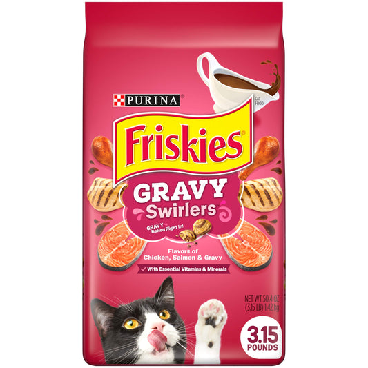 Purina Friskies Dry Cat Food Gravy Swirl'd With Flavors of Chicken, Salmon and Gravy - 3.15 lb. Bag