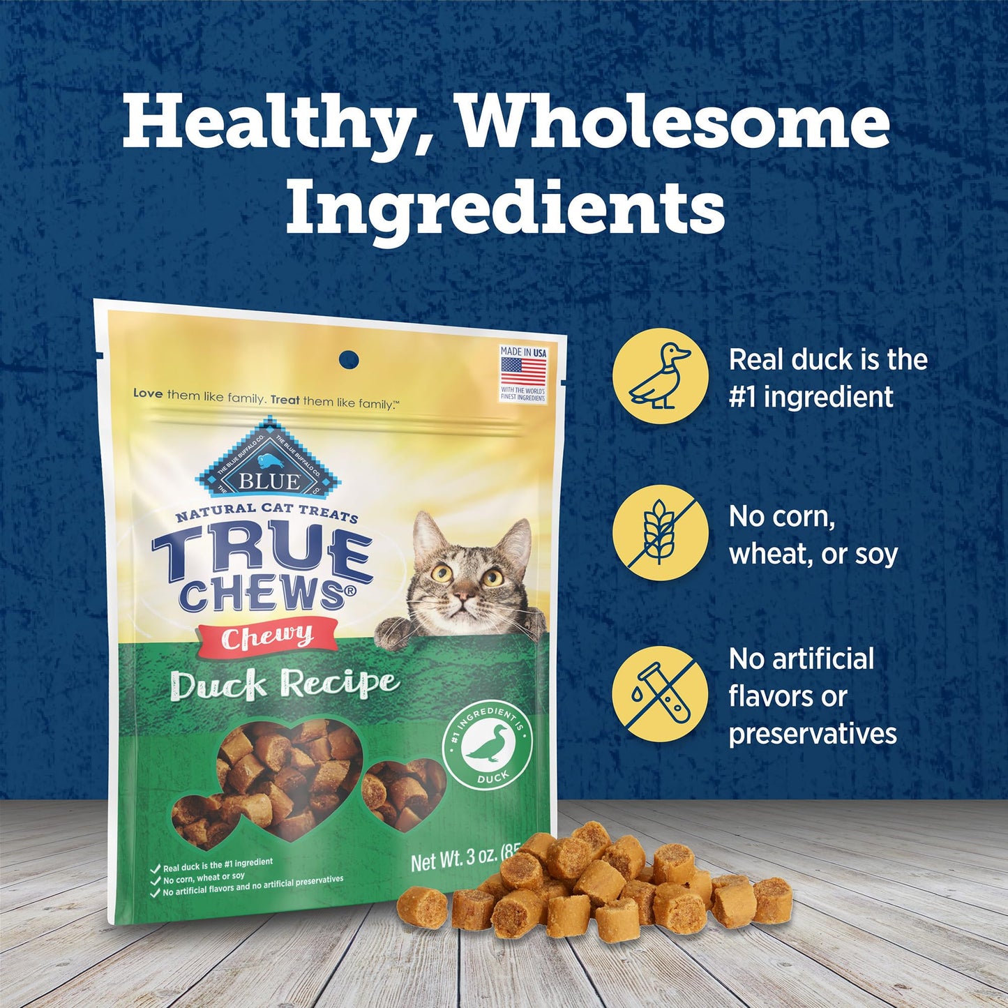 Blue Buffalo True Chews Natural Chewy Cat Treats, Made in the USA, Duck Recipe, 3-oz Resealable Bag