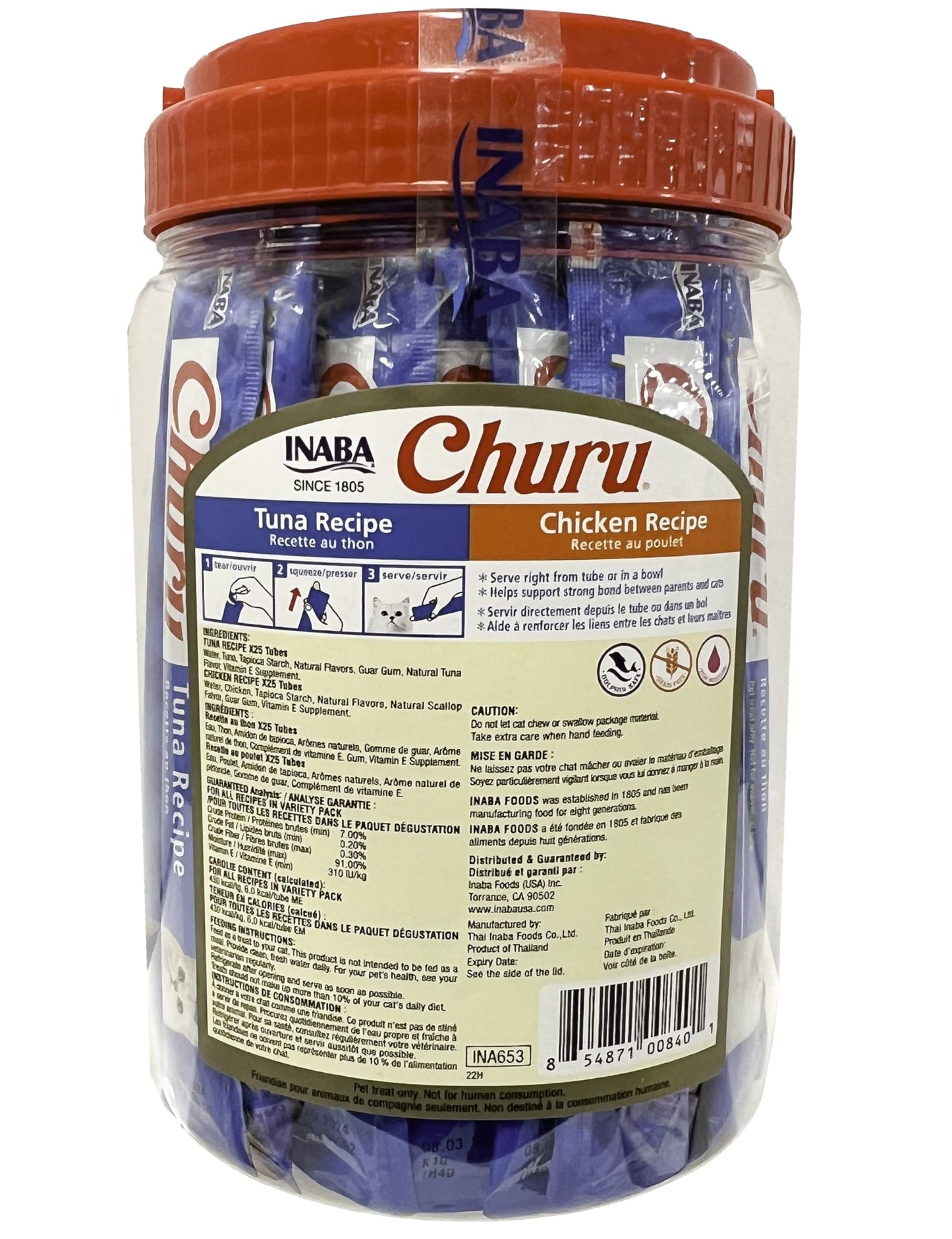 INABA Churu Cat Treats, Grain-Free, Lickable, Squeezable Creamy Purée Cat Treat/Topper, 25 Tuna & 25 Chicken