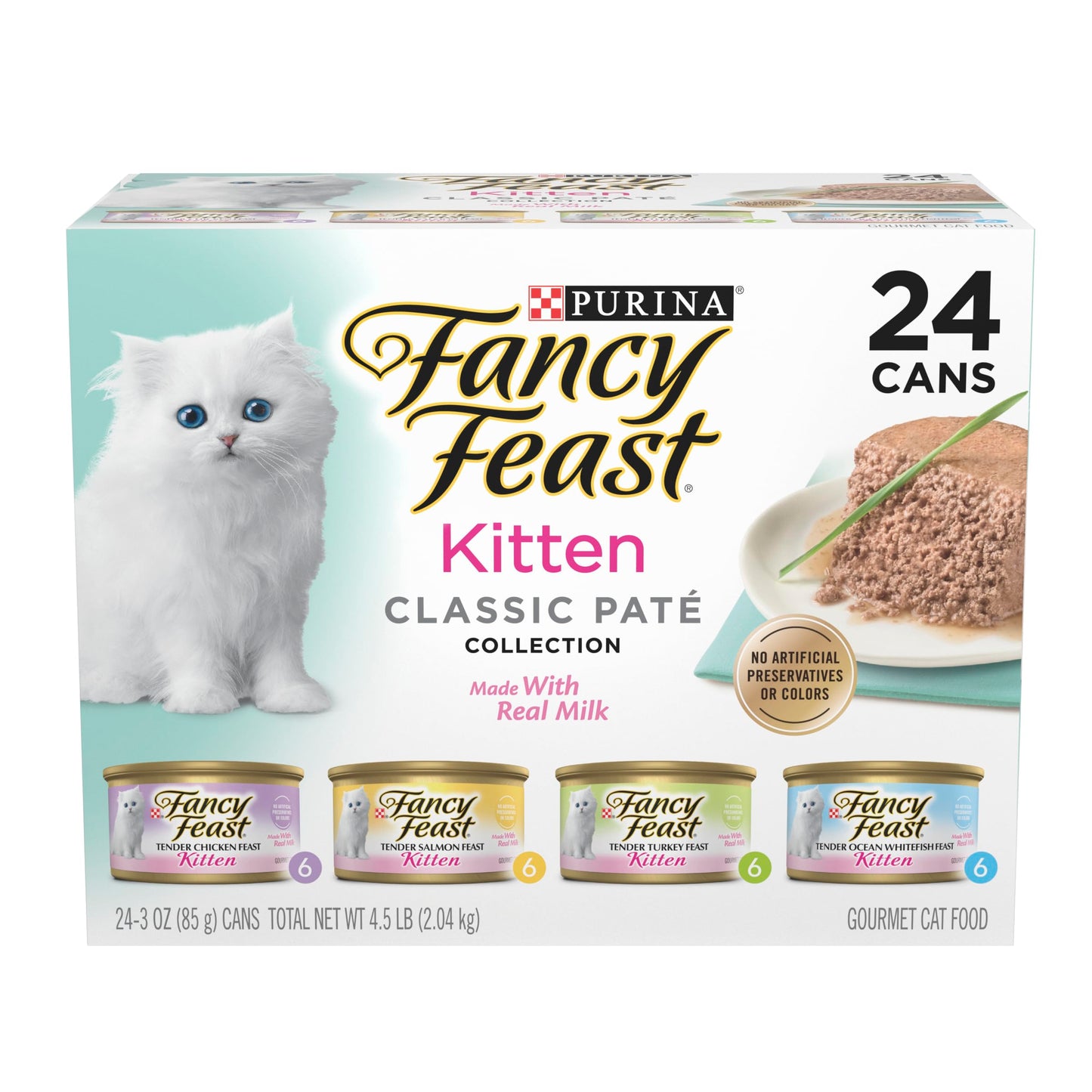 Purina Fancy Feast Tender Ocean Whitefish, Turkey, Chicken and Salmon Feasts Wet Kitten Food Variety Pack - (Pack of 24) 3 oz. Boxes