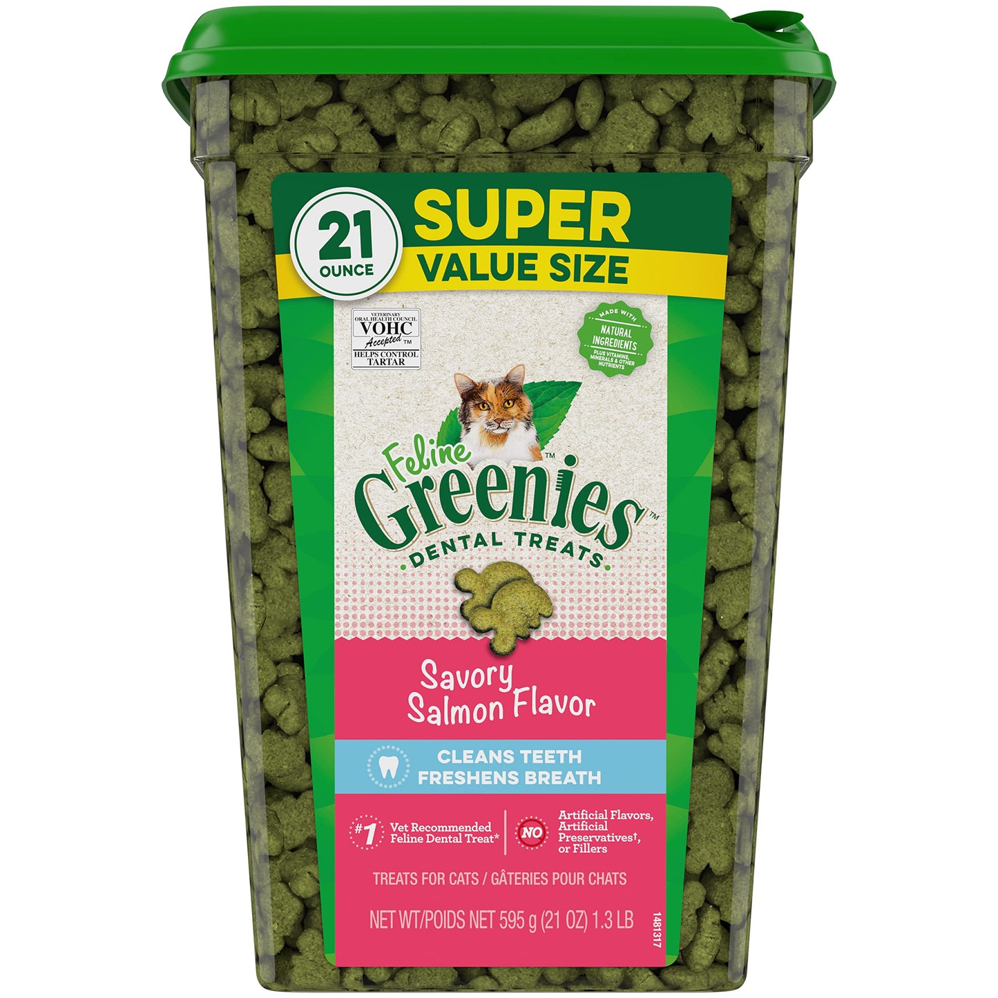 Greenies Feline Adult Natural Dental Care Cat Treats Savory Salmon Flavor, 21 oz. Tub