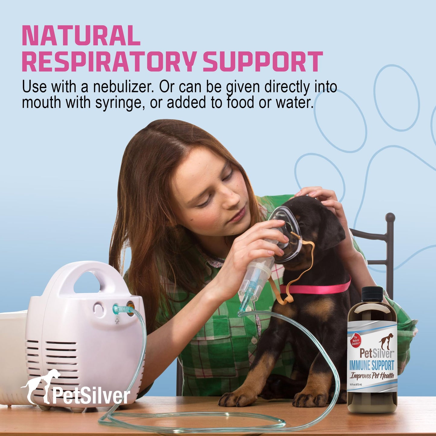 PetSilver Immune Support - Patented Chelated Silver Solution - Promotes Respiratory Health in Cats & Dogs - Allergies, Sinus & Cough Treatment - All-Natural Nebulizer Solution - Easy to Use 16 fl oz