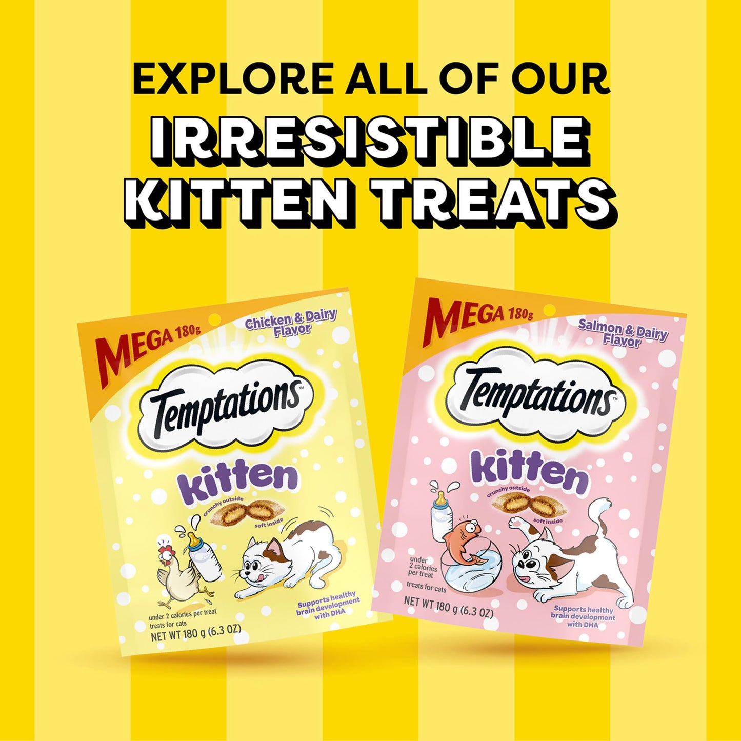 Temptations Kitten Crunchy and Soft Treats Chicken and Dairy Flavor and Salmon and Dairy Crunchy, 6.3 oz., Variety Pack of 4