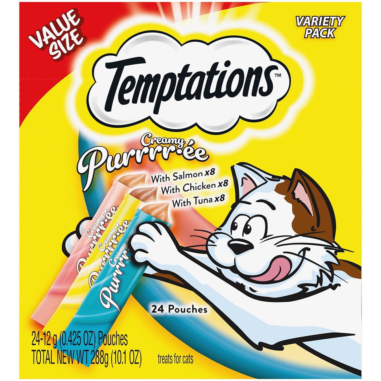 Temptations Creamy Puree with Chicken, Salmon, and Tuna Variety Pack of Lickable, Squeezable Cat Treats, 0.425 Oz Pouches, 24 Count