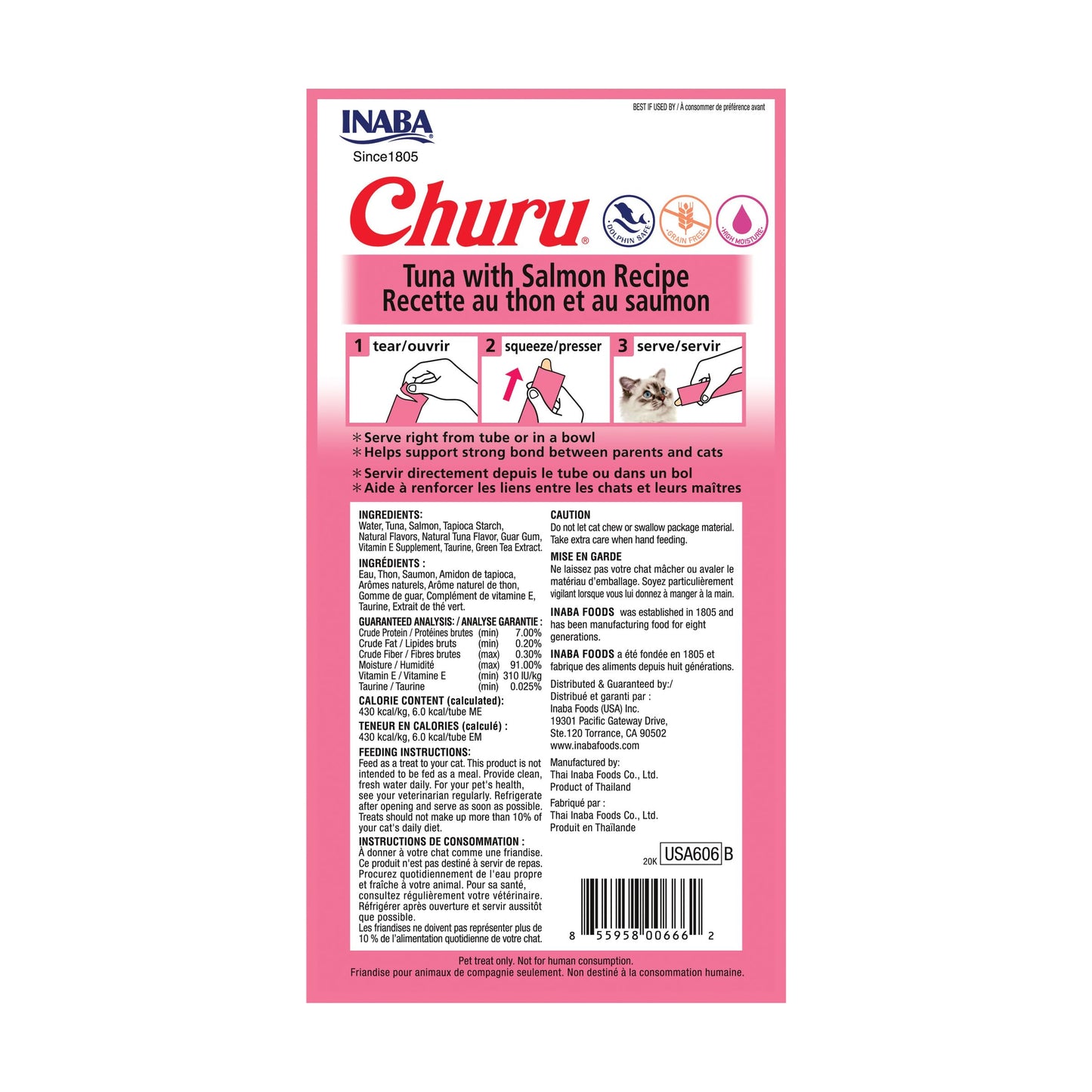 INABA Churu Cat Treats, Grain-Free, Lickable, Squeezable Creamy Purée Cat Treat/Topper with Vitamin E & Taurine, 0.5 Ounces Each Tube, 4 Tubes, Tuna with Salmon Recipe