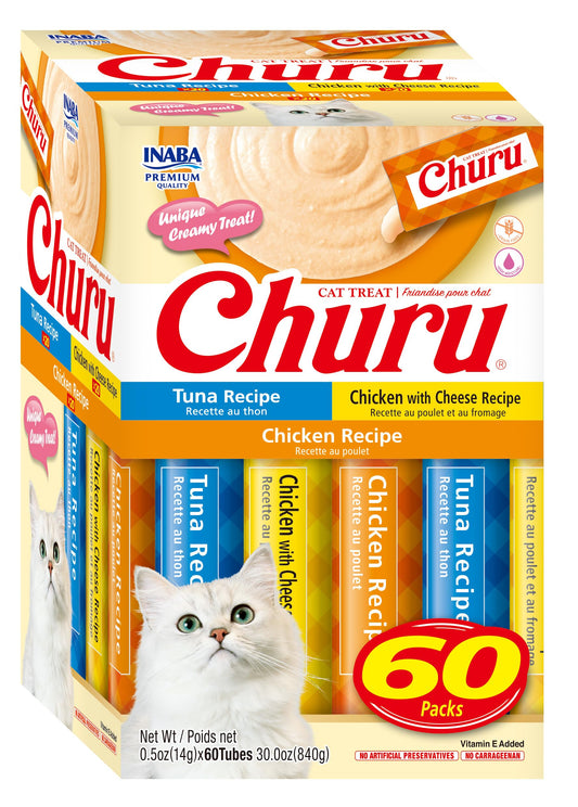 INABA Churu Cat Treats, Grain-Free, Lickable, Squeezable Creamy Purée Cat Treat/Topper, 60 Servings, 3 Flavor Tuna & Chicken Variety Box