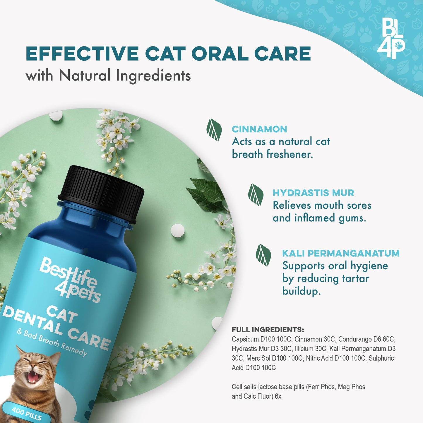 Cat Dental Care & Bad Breath Remedy, Natural Oral Health for Cats Teeth, Mouth, Gums, Daily Cat Breath Freshener, Plaque and Tartar Control Help Gingivitis and Stomatitis, Easy to Use 400 Tiny Pills