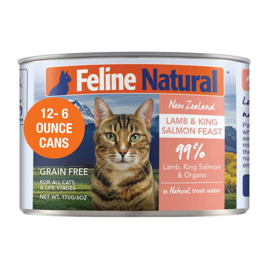 Feline Natural Wet Cat Food Pate, Lamb & King Salmon Feast, 6 Oz Cans (Pack of 12), Grain Free, Made in New Zealand with Grass-Fed, Free-Range Lamb and Sustainably Caught King Salmon