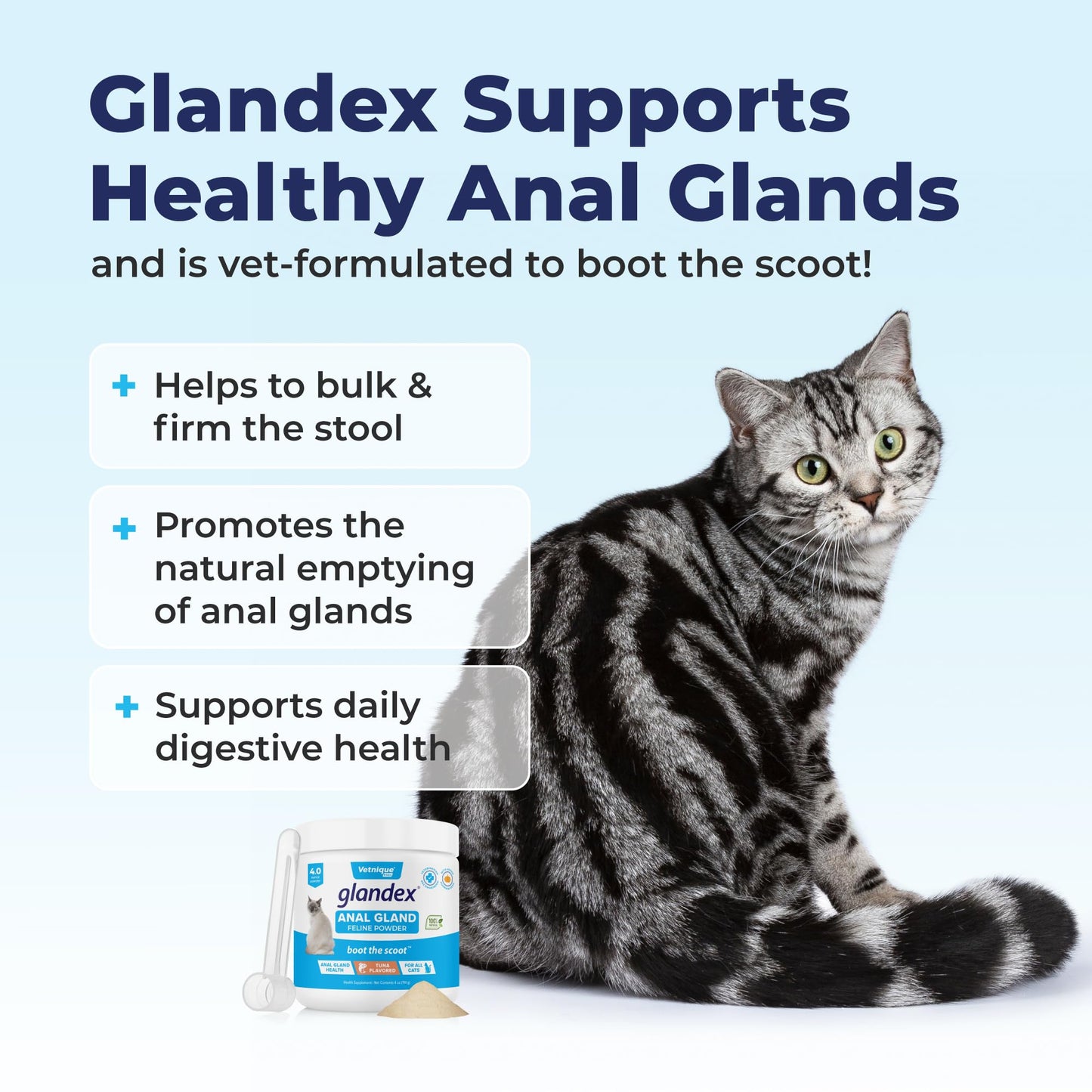 Vetnique Labs Glandex Feline Anal Gland Fiber Supplement Powder for Cats with Digestive Enzyme, Probiotics and Pumpkin, Vet Recommended for Healthy Bowels - Tuna Flavored 4.0 oz, Scoop Included