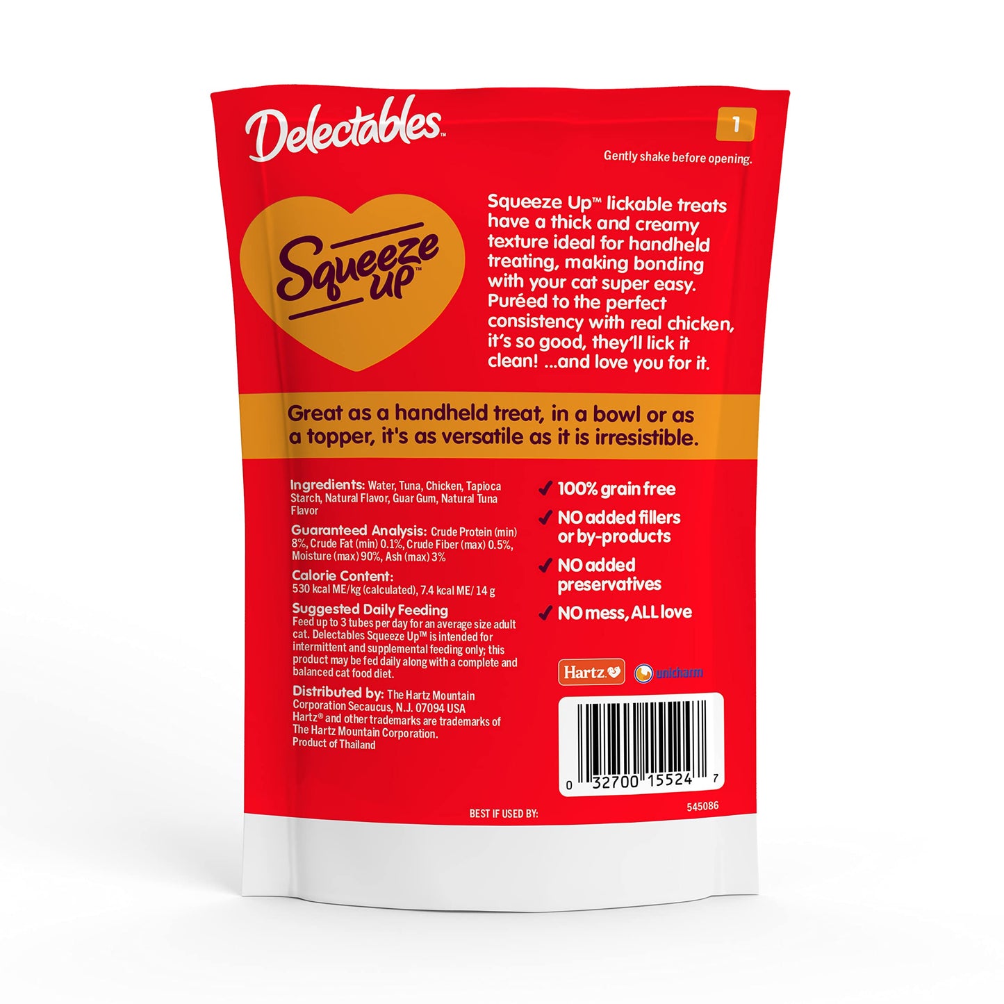 Delectables Squeeze Up Creamy Squeezable Puree, Lickable Wet Cat Treats, Grain Free, No Added Fillers, No By-Products, No Added Preservatives, 0.5 Ounces Tube Chicken Flavor, 32 Tubes Total