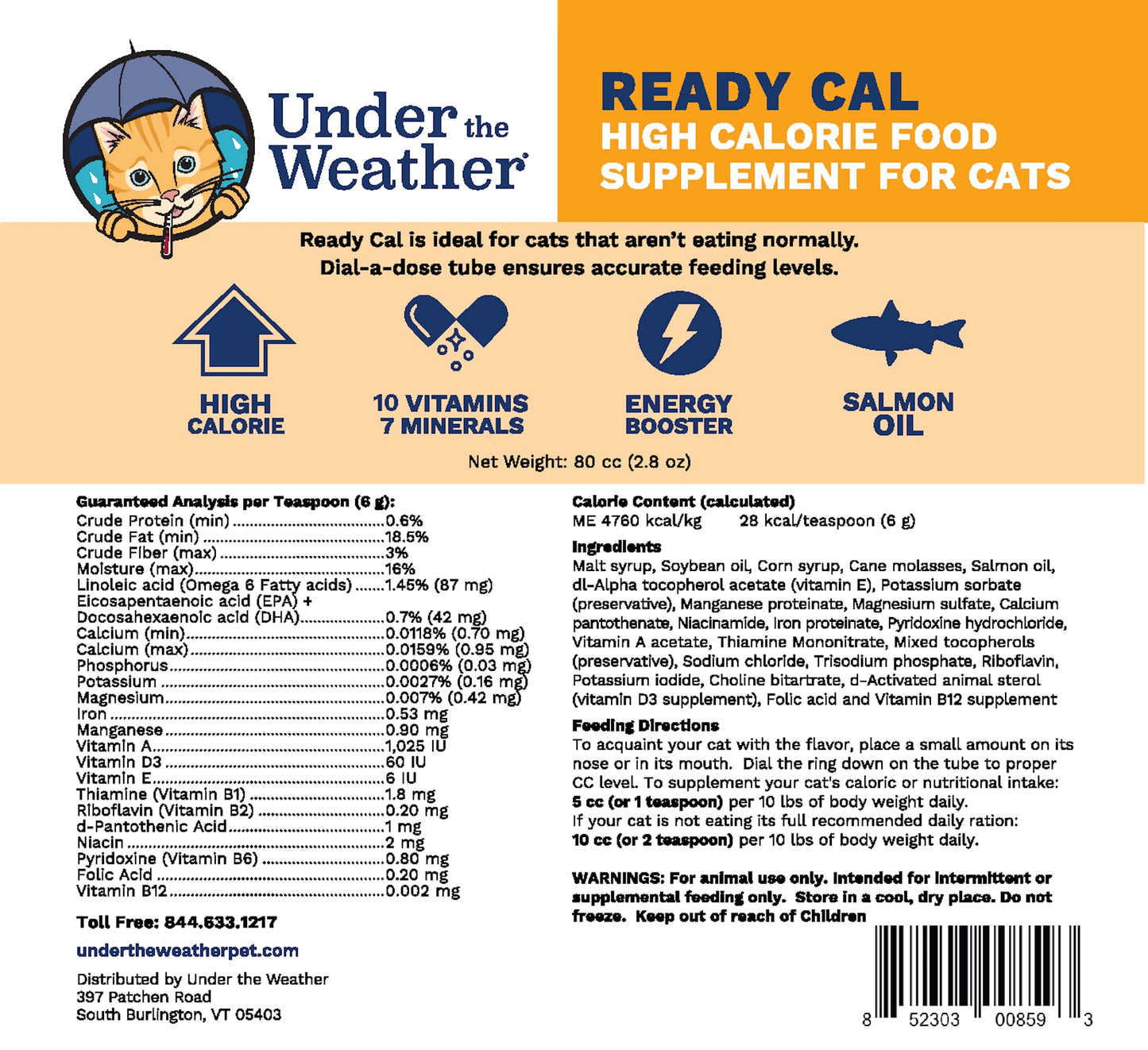 Under The Weather Pet | Ready Cal for Cats 100cc | High Calorie Supplement | Cat Weight Gainer and High Calorie Booster | 10 Vitamins, 7 Minerals & Omega Fatty Acids (for Cats 100cc)