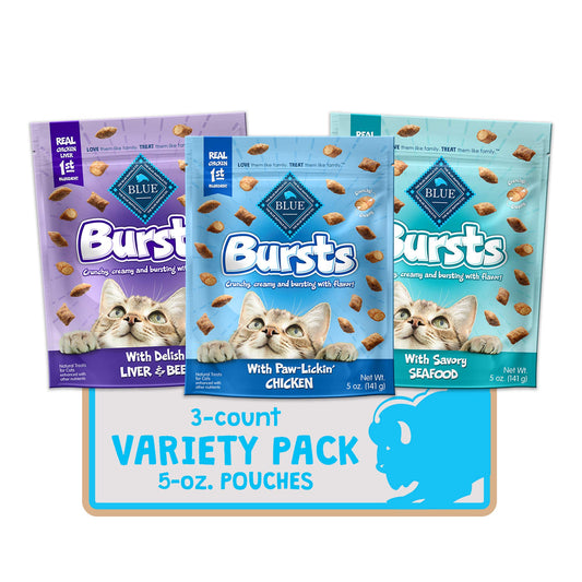 Blue Buffalo Bursts Crunchy Cat Treats Variety Pack, Chicken, Chicken Liver and Beef, and Seafood 5-oz Bags (3 count)