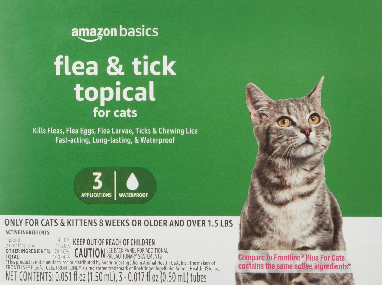 Amazon Basics Flea and Tick Topical Treatment for Cats (over 1.5 pounds), 3 Count (Previously Solimo)