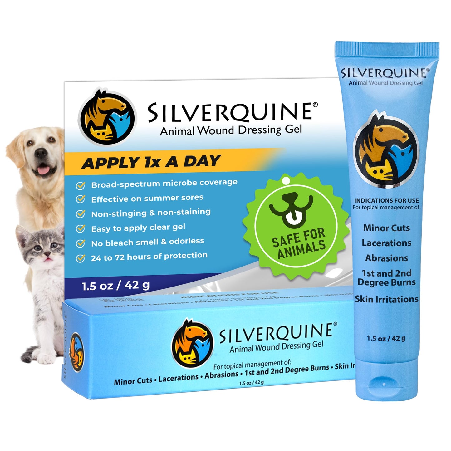 Silverquine Pet Cut & Itch Care - Hot Spot Gel for Dogs, Cats, Horses - Hydrogel - Skin & Coat Care - Anti-Itching for Cats - for Cuts, Burns, Skin Irritation - Pet Recovery – 1.5OZ