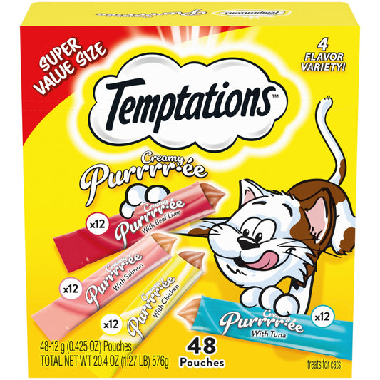 Temptations Creamy Puree with Beef Liver, Salmon, Chicken, and Tuna Squeezable Lickable Wet Cat Treat Variety Pack, 0.42 oz. Tubes, Pack of 48