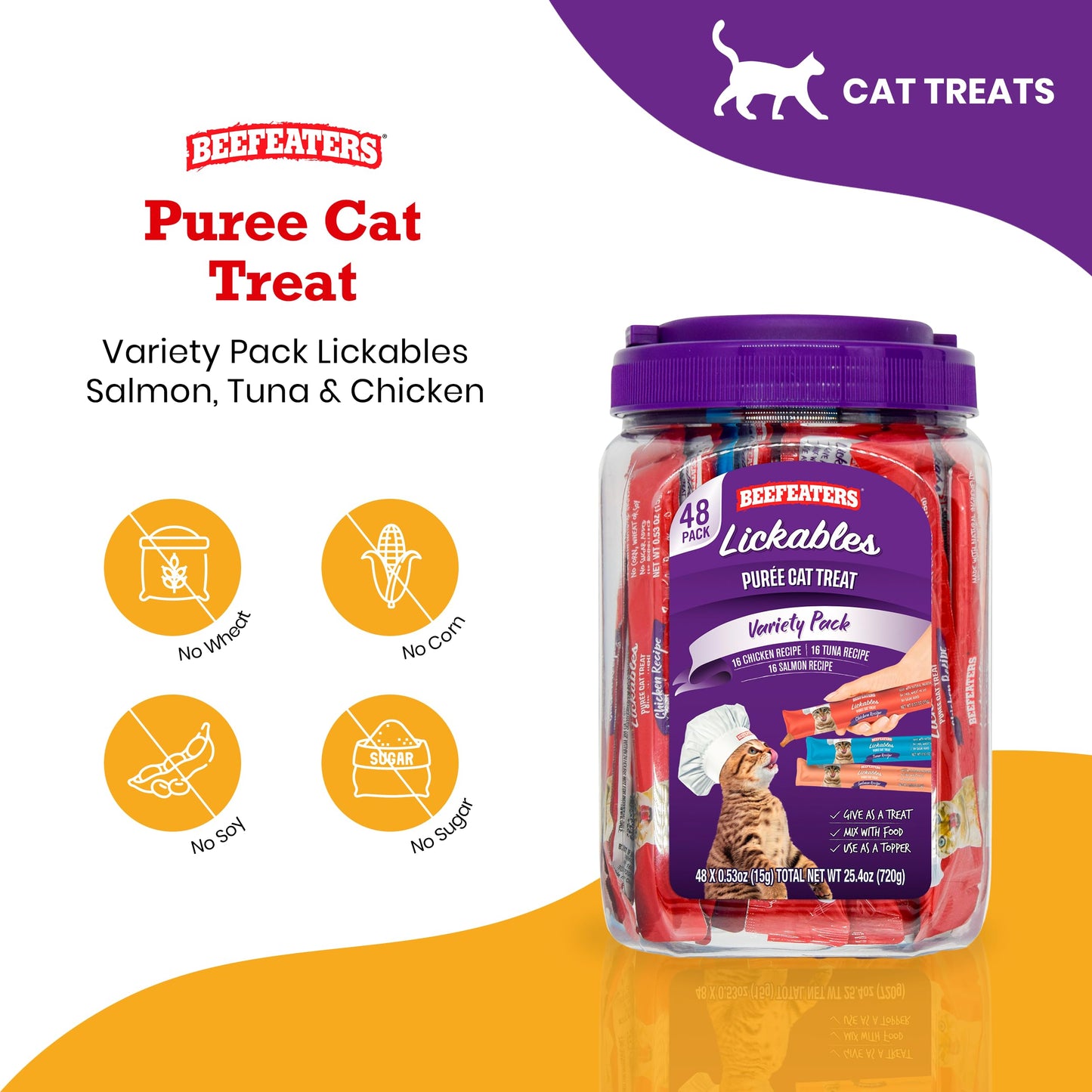 Beefeaters Cat Treats - Variety Pack Lickable Puree 48ct | Cat Food Salmon, Tuna, Chicken | Grain-Free, Taurine-Enriched | Training Treats - Interactive Feeding | Wet/Dry Food