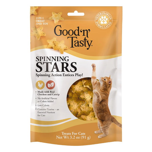 Good 'N' Tasty Spinning Stars Cat Treats, 3.2 Ounce Bag, 2-in-1 Treat & Toy Made with Real Chicken, Chicken Liver & Catnip, Encourages Playfulness & Low Calorie