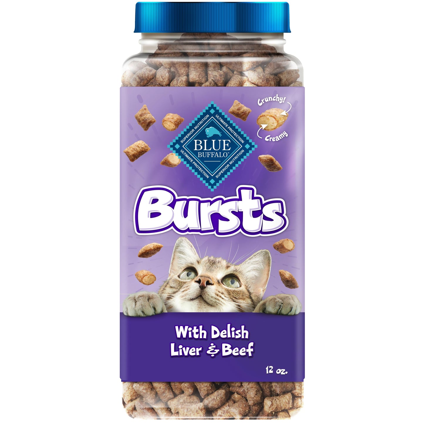 Blue Buffalo Bursts Crunchy & Creamy Cat Treats, Great for Training, Delish Liver & Beef, 12-oz. Tub