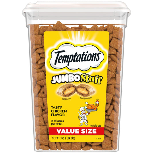 TEMPTATIONS Jumbo Stuff Crunchy and Soft Cat Treats, Tasty Chicken Flavor, 14 oz. Tub, (Pack of 1)