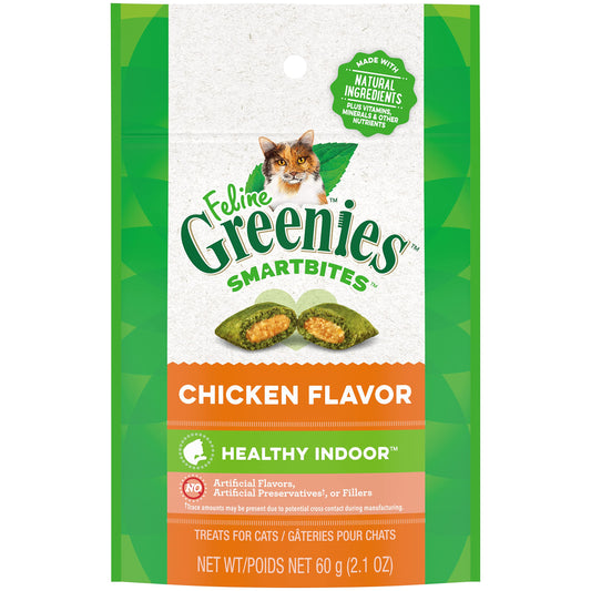 Greenies Feline Smartbites Healthy Indoor Natural Treats for Cats, Chicken Flavor, 2.1 oz. Pouch