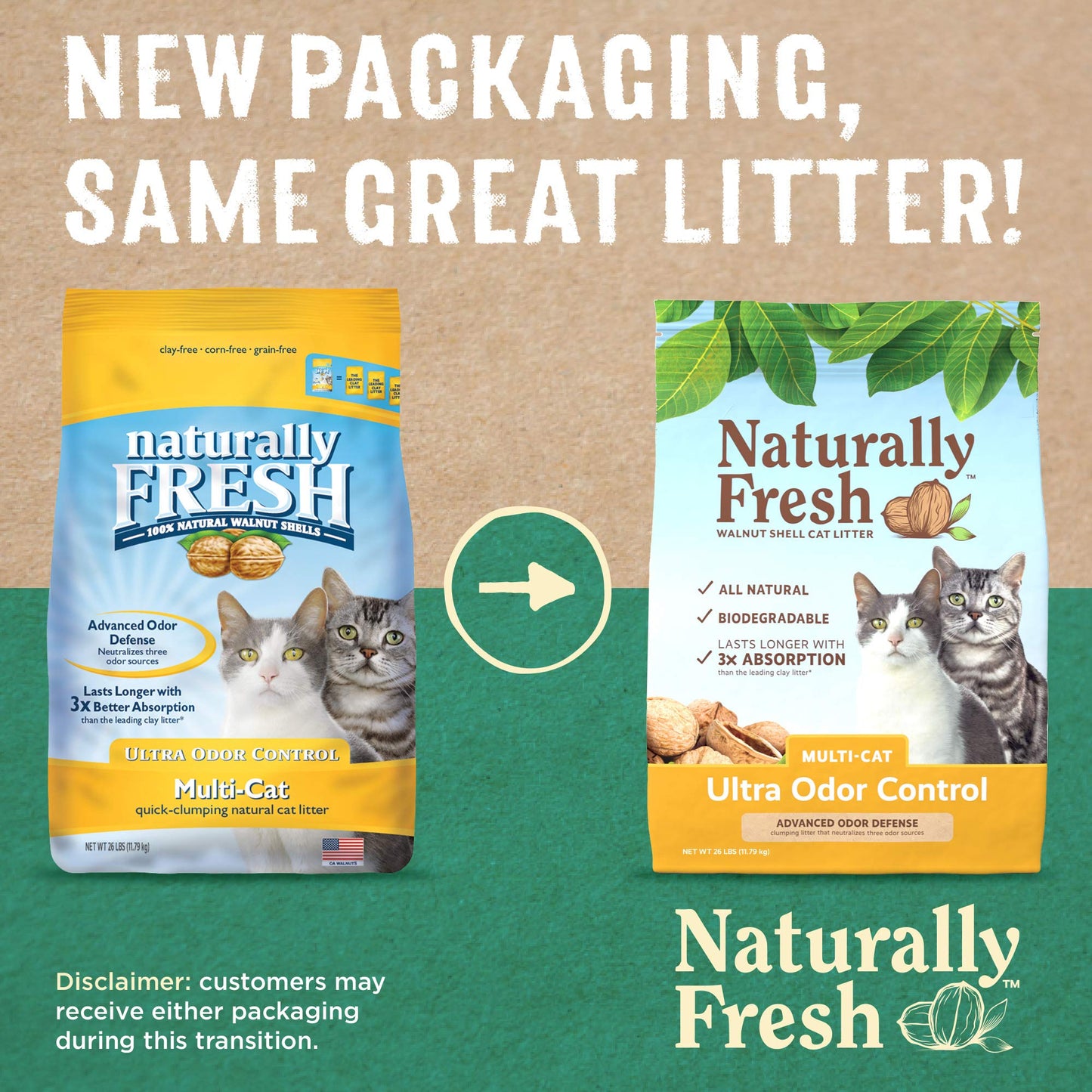 Naturally Fresh Cat Litter Made From Walnut Shells, Multi-Cat, Ultra Odor Control, Unscented, Upcycled, Sustainable, 26 Lbs