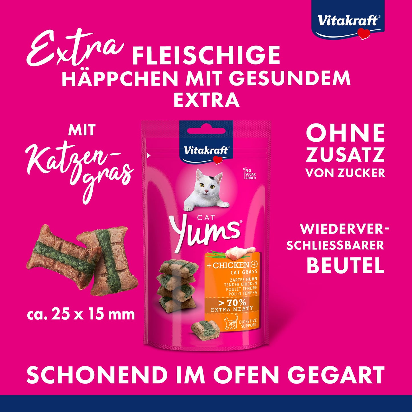 Vitakraft Cat Yums, Katzensnack, mit Huhn und Katzengras, mit sichtbarer Füllung, im wiederverschließbaren Beutel, ohne Zusatz von Zucker und Getreide (1x 40g)