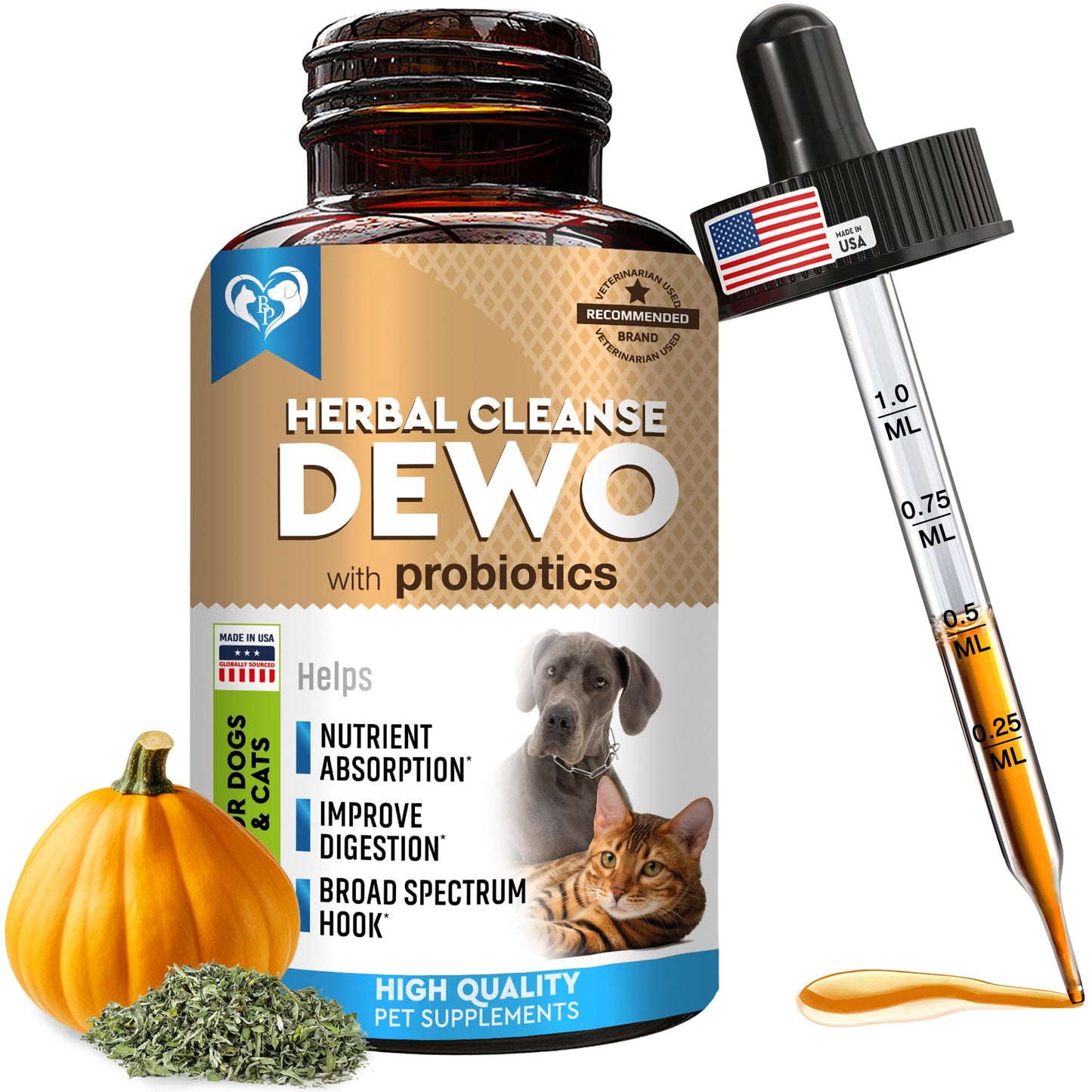 Natural Cat & Dog Intestinal Defense with Probiotic - Herbal Cleanse Broad Spectrum Treatment - Helps Remove Parasites & Toxins - Digestive Issues Supplement for Kittens & Puppies Made in USA