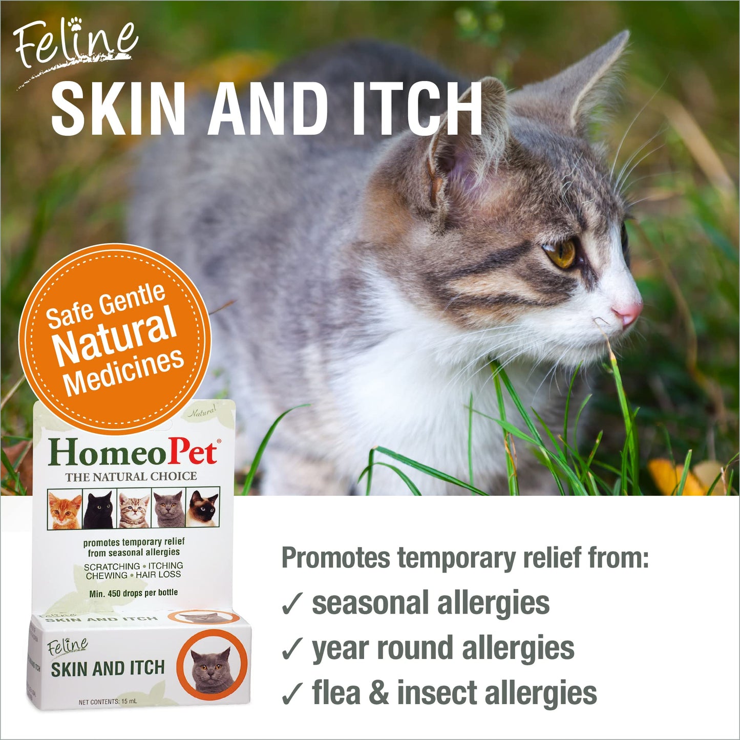 HomeoPet Feline Skin and Itch, Safe and Natural Cat Supplement for Itchy Skin, Skin and Itch Relief for Cats, 15 Milliliters