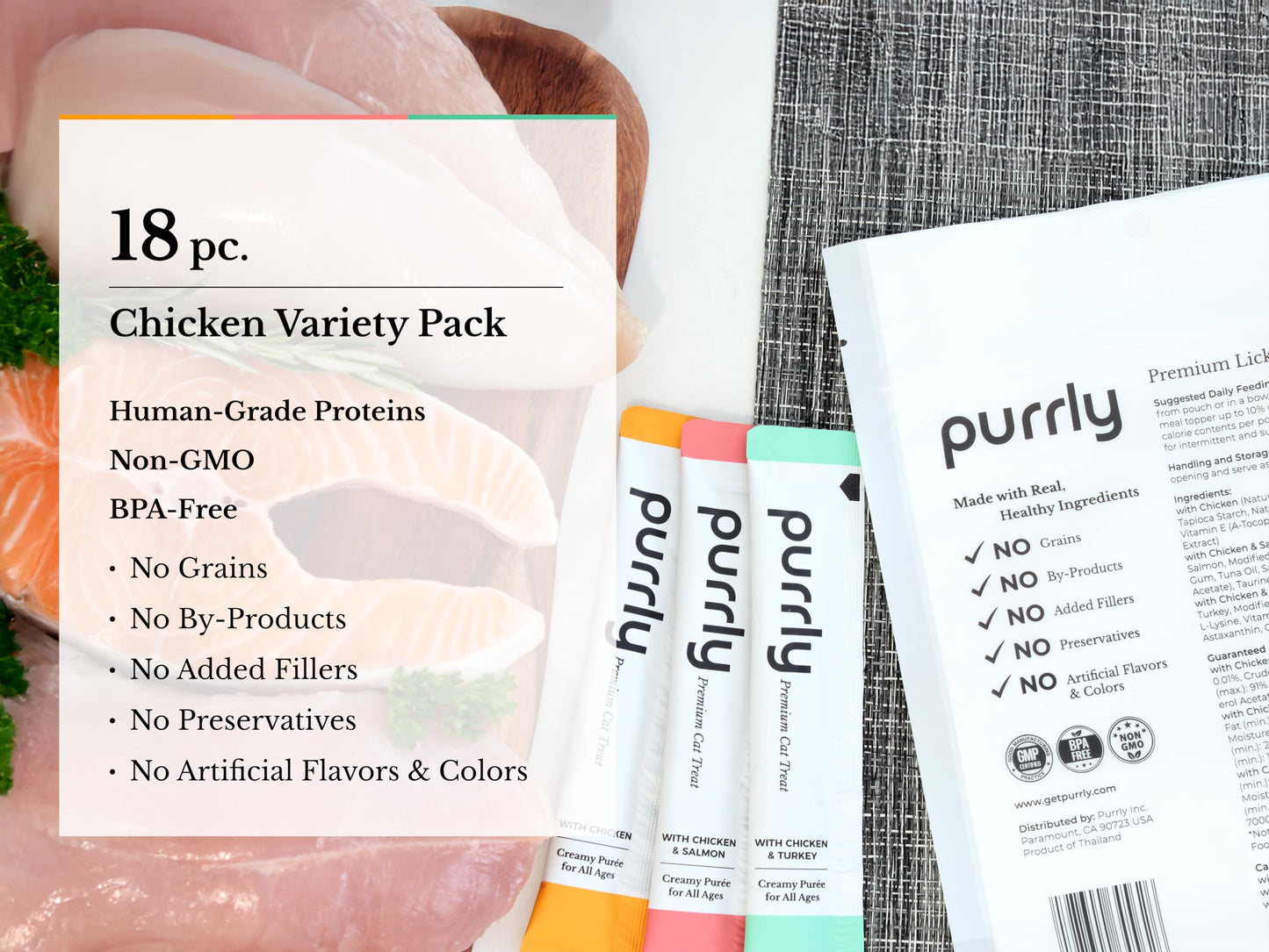 Purrly Lickable Wet Cat Treats Healthy Grain-Free Chicken Variety Pack (18 Count) Squeezable Creamy Purée with Human-Grade Protein Sources and Functional Nutrients Non-GMO No-Artificial-Additives