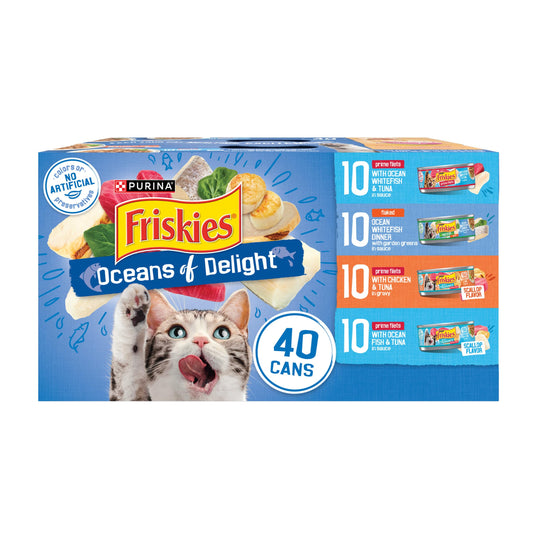 Purina Friskies Wet Cat Food Variety Pack, Oceans of Delight Flaked and Prime Filets - (Pack of 40) 5.5 oz. Cans