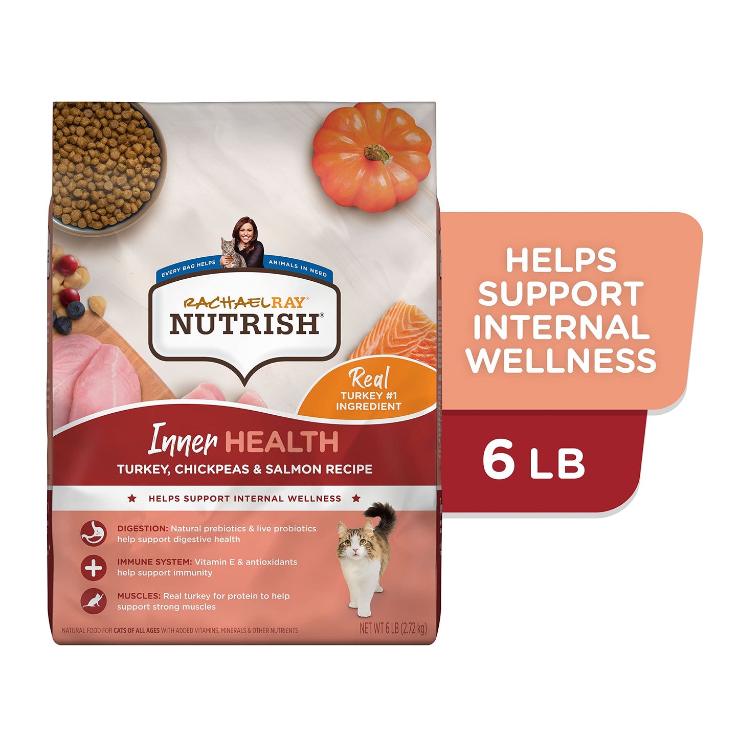 Rachael Ray Nutrish Inner Health Premium Natural Dry Cat Food with Added Vitamins, Minerals & Other Nutrients, Turkey with Chickpeas & Salmon Recipe, 6 Pounds