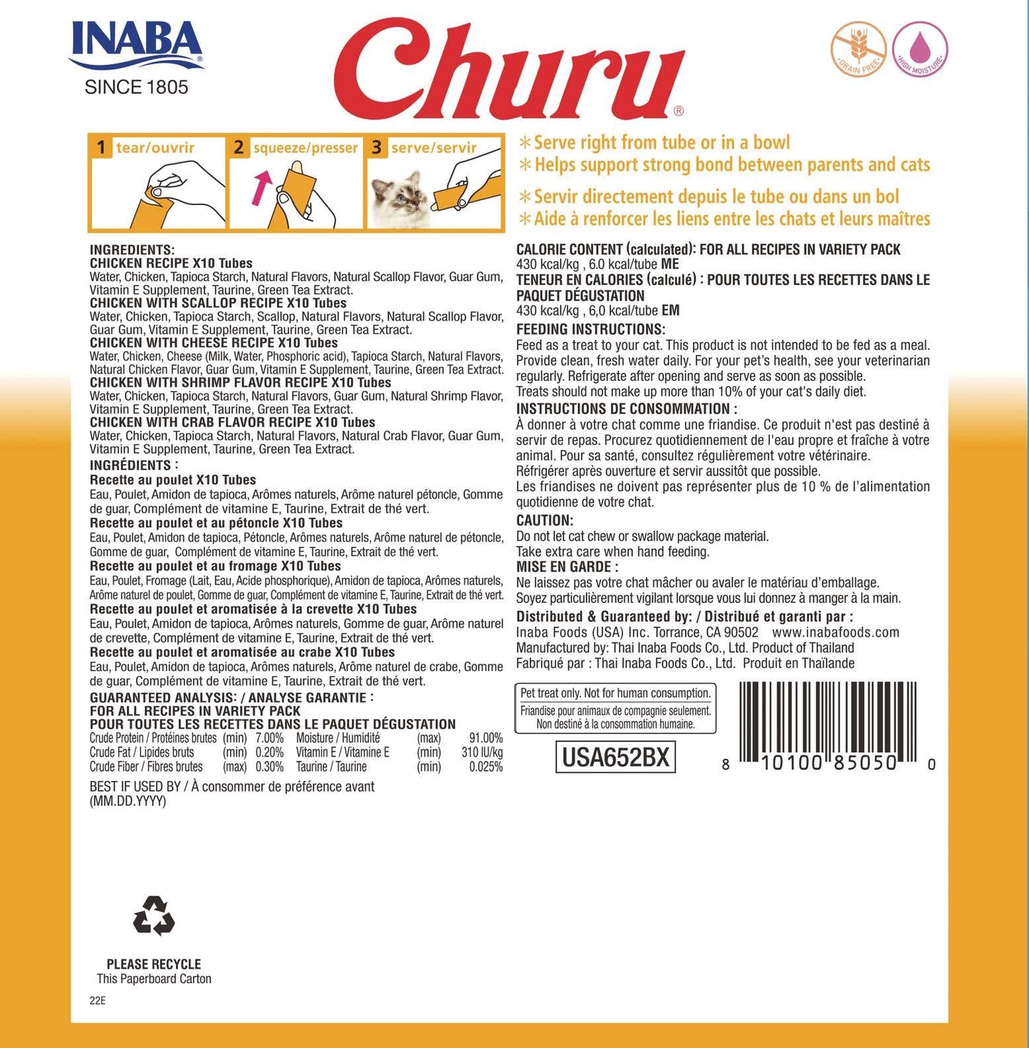 INABA Churu Cat Treats, Grain-Free, Creamy Purée Cat Treat/Topper, Chicken Variety