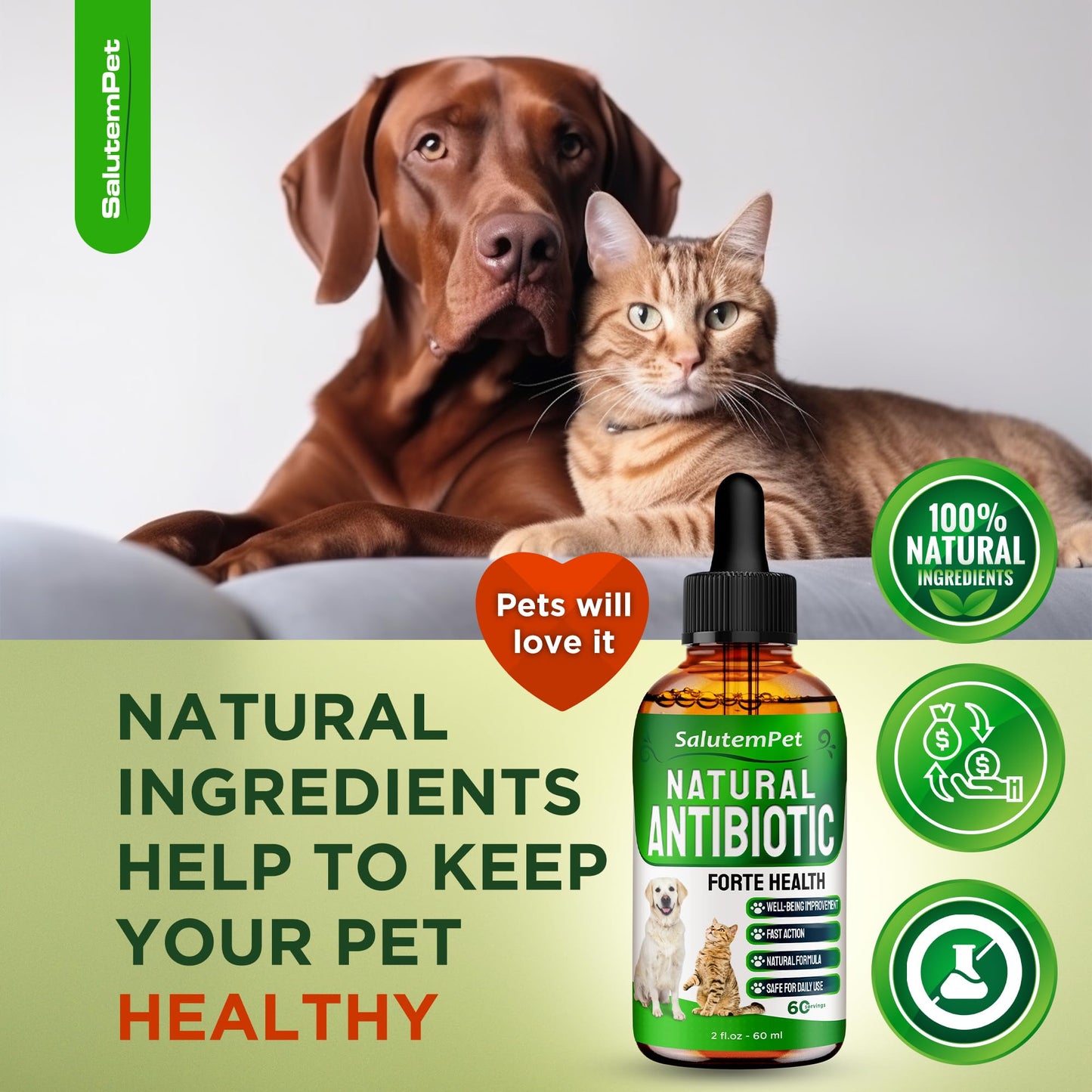 Antibiotics for Cats | Dog Antibiotics in Drops | Forte Health Natural Formula | Urination & Digestion Care | Bones Support | Helps with Allergies | for Pets of All Ages & Breeds | 2 Oz Bottle