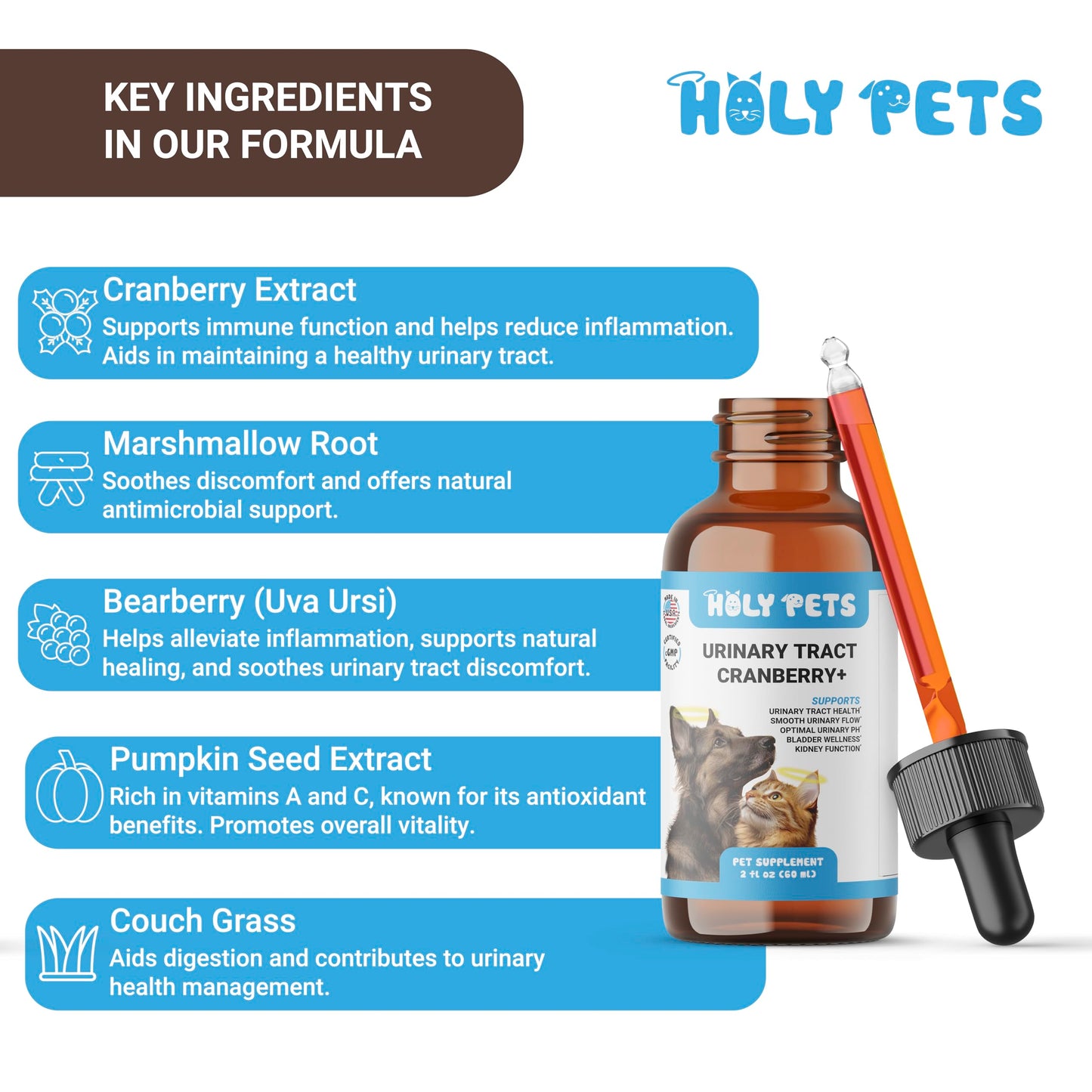 Holy Pets Natural UTI Medicine for Cats & Dogs, Urinary Tract Infection Treatment, Antibiotic Supplement for Pets - Helps with Bladder & Kidney Health, Flow, PH & Overall Function - All Natural