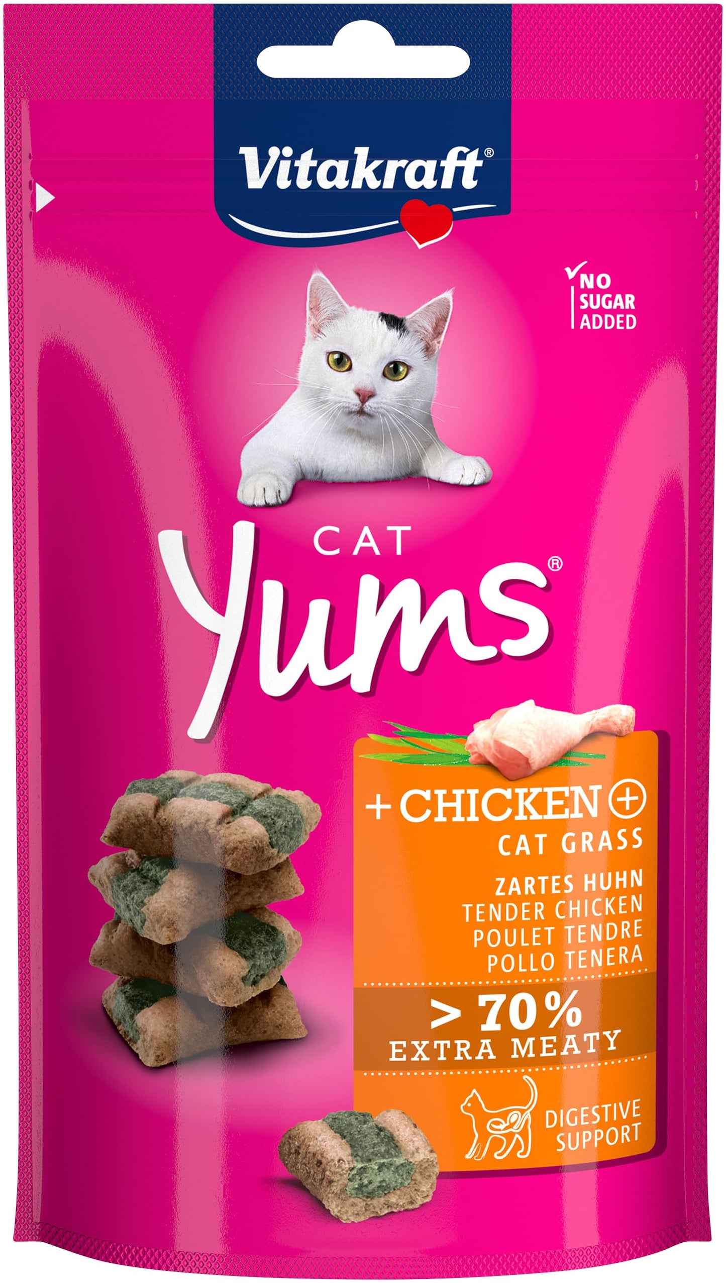 Vitakraft Cat Yums, Katzensnack, mit Huhn und Katzengras, mit sichtbarer Füllung, im wiederverschließbaren Beutel, ohne Zusatz von Zucker und Getreide (1x 40g)