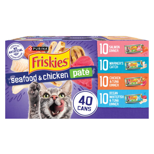 Purina Friskies Pate Wet Cat Food Variety Pack Seafood and Chicken Pate Favorites 40ct VP - (Pack of 40) 5.5 oz. Cans