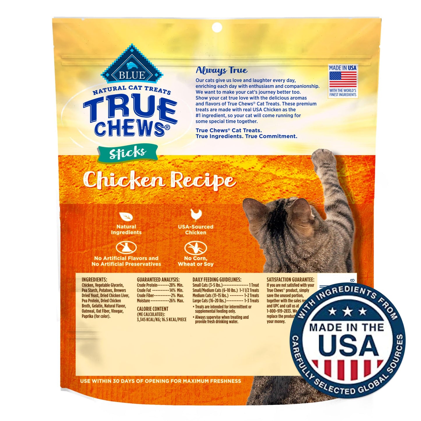 Blue Buffalo True Chews Sticks Natural Cat Treats, Chicken Recipe, Meaty & Savory Treats Made in The USA, 3-oz. Bag