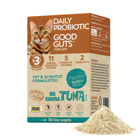 Meowbiotics Good Guts for Cats Probiotic Powder, 11 Probiotic Strains, 2 Prebiotics, 5 Digestive Enzymes for Digestive Support, Tuna Flavor, Probiotics for Cats, Indoor & Outdoor (30 Days)