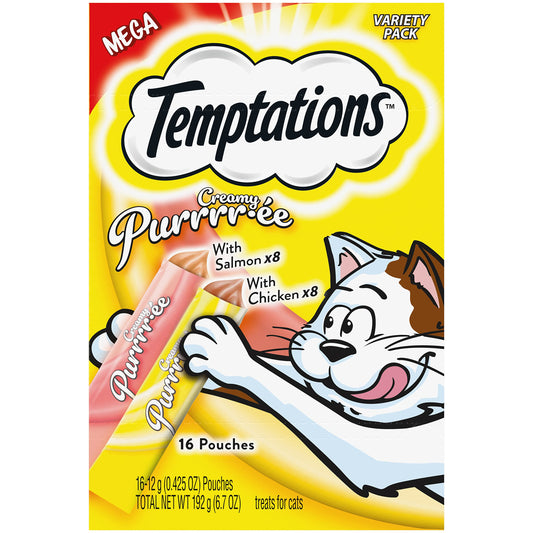 Temptations Creamy Puree with Chicken and Salmon Variety Pack of Lickable, Squeezable Cat Treats, 0.42 Oz Pouches, 16 Count