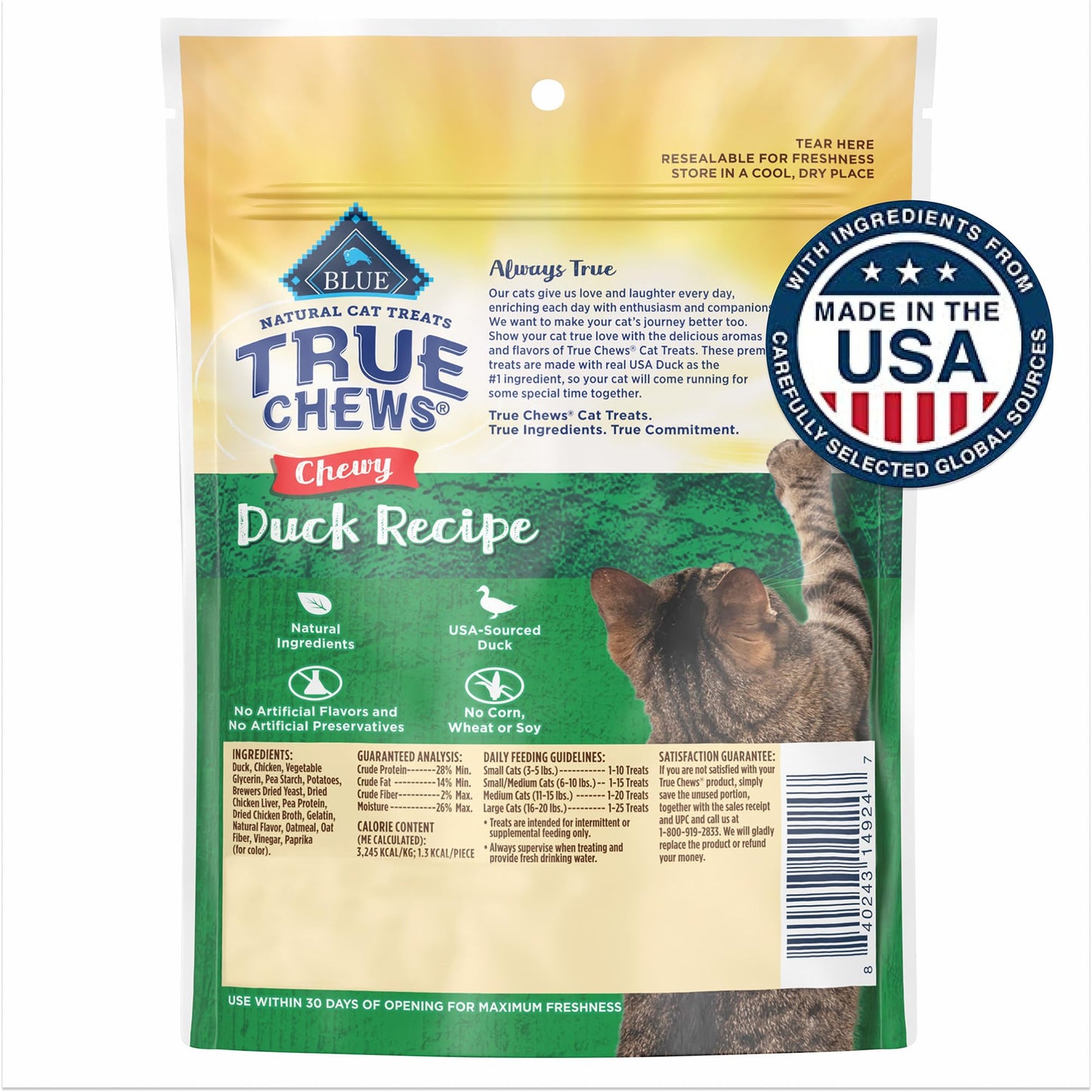 Blue Buffalo True Chews Natural Chewy Cat Treats, Made in the USA, Duck Recipe, 3-oz Resealable Bag