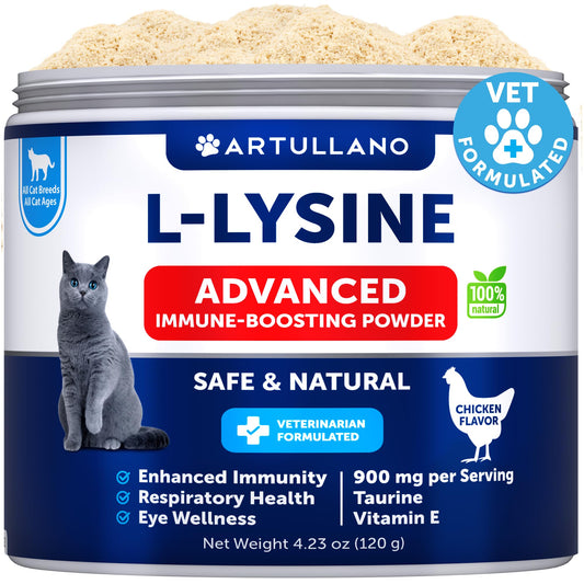 L-Lysine for Cats - Lysine Powder Supplement - 900mg/serving - Immune Support for Cats & Kittens - Sneezing, Runny Nose, Squinting, Watery Eyes, Cold, Eye Function, Respiratory Health - with Taurine