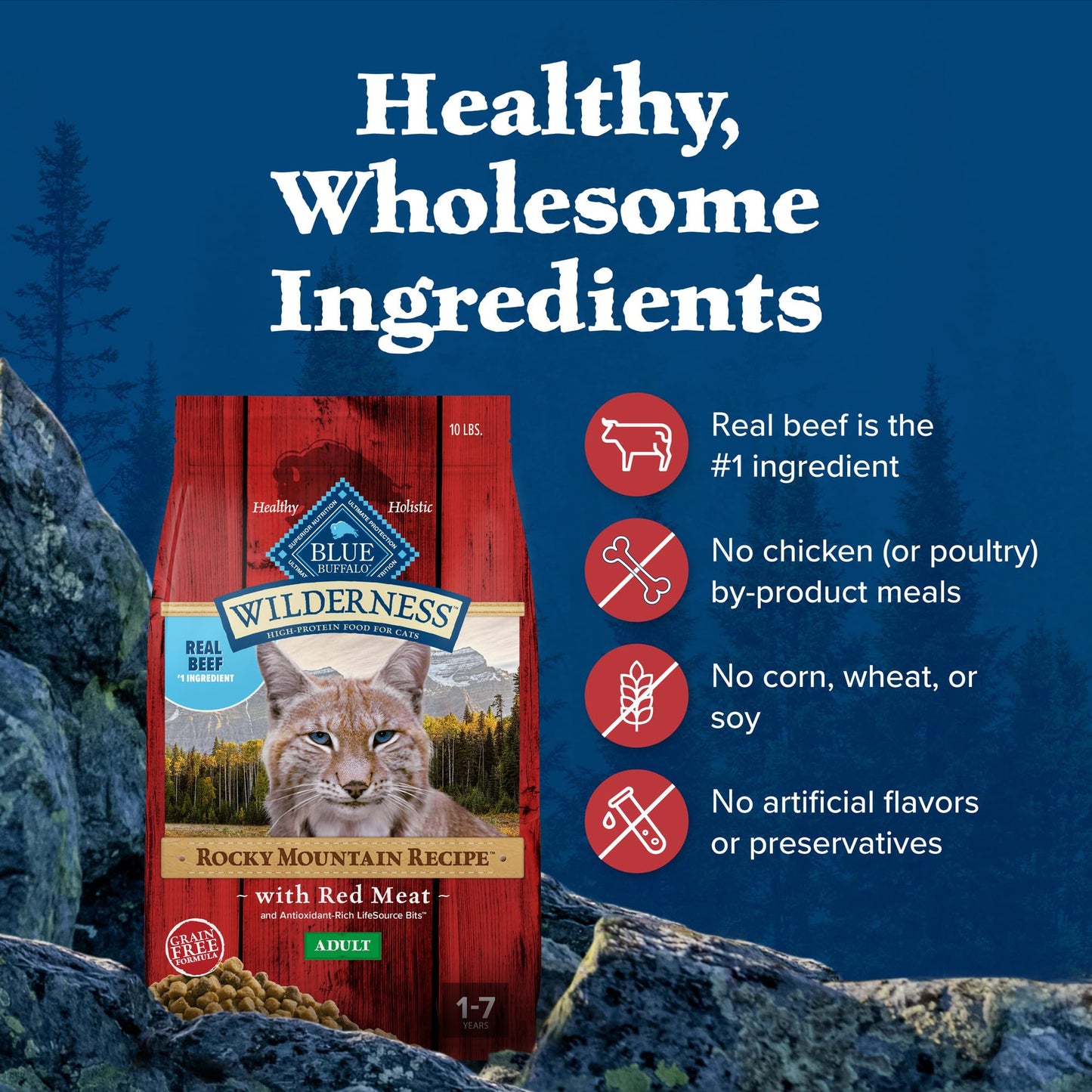 Blue Buffalo Wilderness Adult Dry Cat Food, Rocky Mountain Recipe, Chicken-Free & Grain-Free Recipe Made with Natural Ingredients, Red Meat, 10-lb Bag