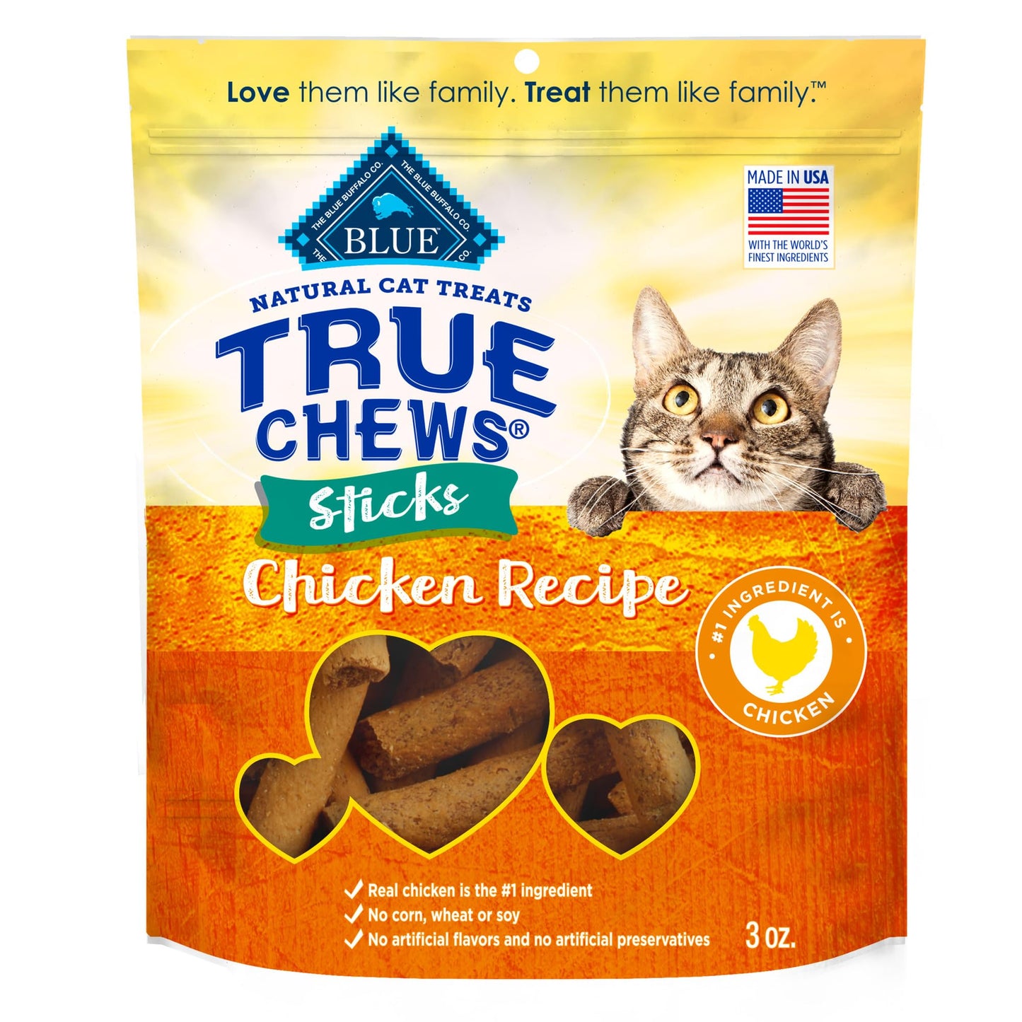 Blue Buffalo True Chews Sticks Natural Cat Treats, Chicken Recipe, Meaty & Savory Treats Made in The USA, 3-oz. Bag