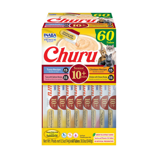 INABA Churu for Senior 10+, Creamy Lickable Cat Treats with Taurine, Vitamin E & C, 0.5 Ounces Each, 60 Tubes, Tuna & Chicken Variety